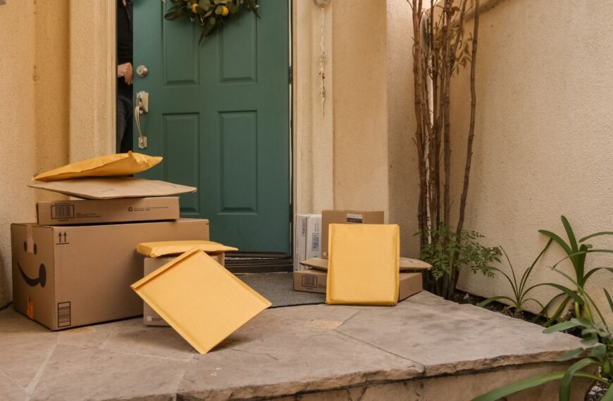 Several cardboard delivery packages stacked on a residential porch in front of a teal front door