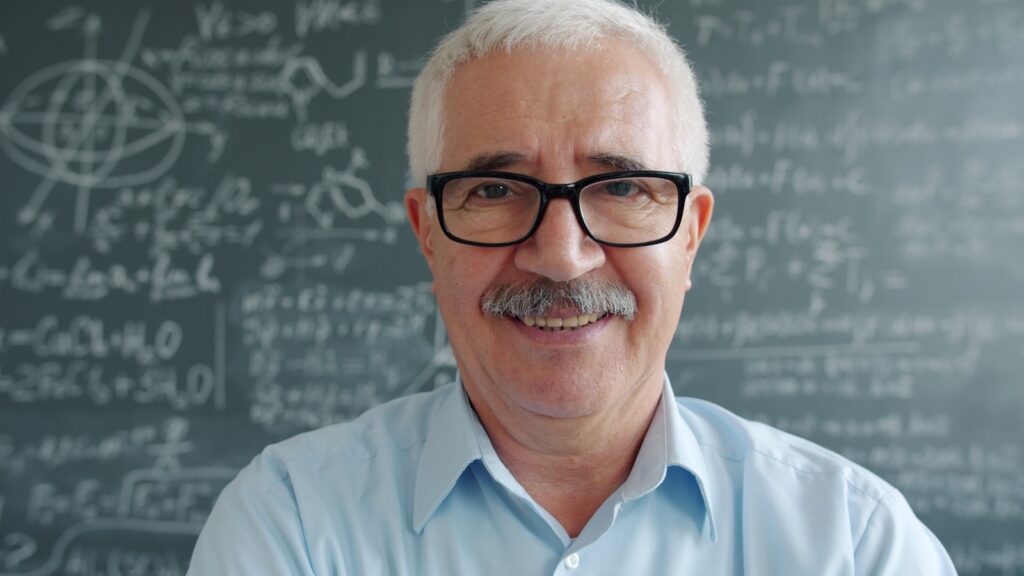 Smiling man with glasses in front of chalkboard