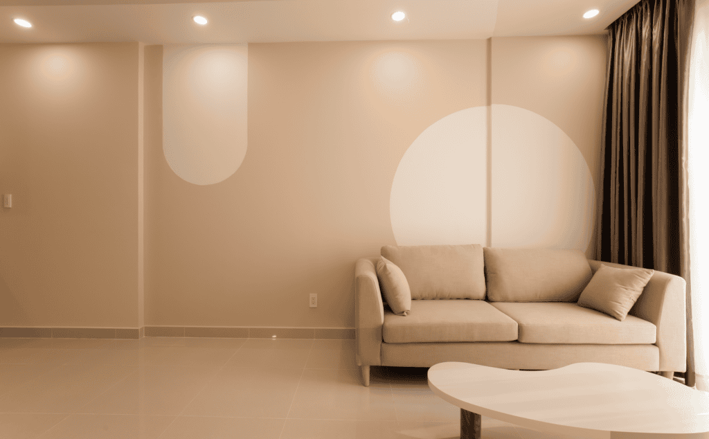 A cozy minimalist living room featuring a beige sofa, modern decor, and neutral tones for an inviting atmosphere.