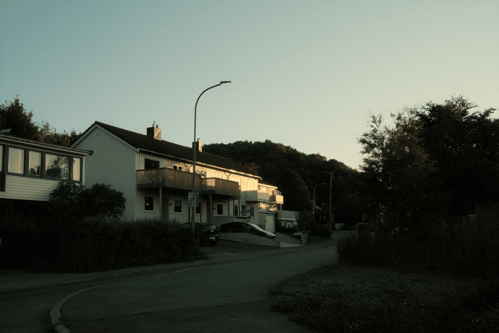 A serene twilight view of suburban houses on a quiet residential street.