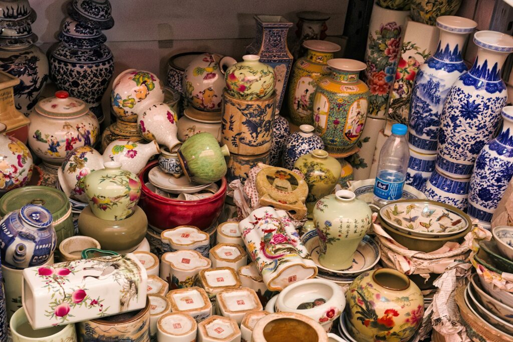 Collection of decorative ceramic vases and pottery