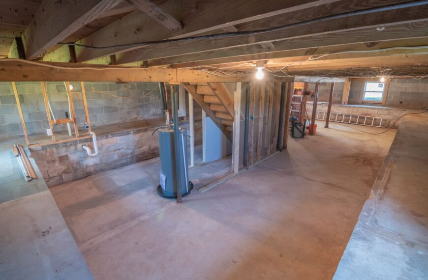 Empty basement with exposed beams and plumbing pipes, ideal for renovation.
