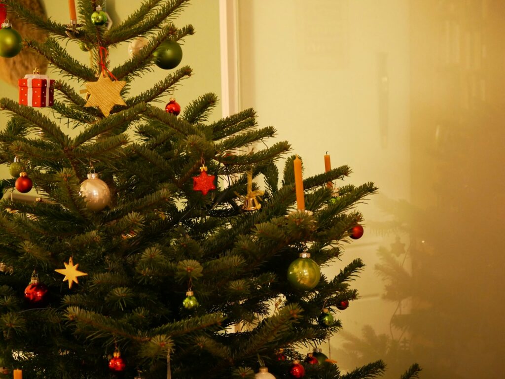 green christmas tree with baubles