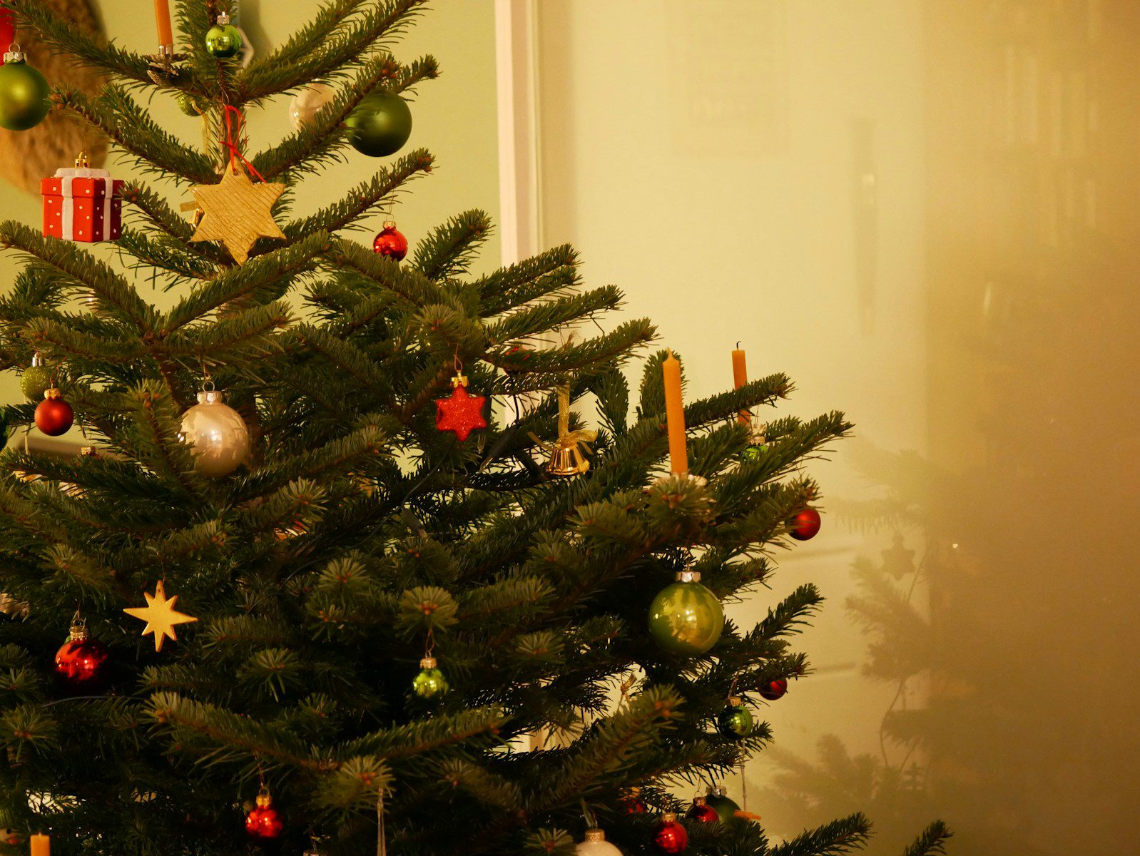 green christmas tree with baubles