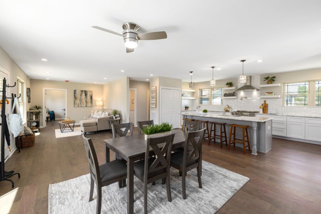 Spacious open-concept kitchen and living area featuring modern interior design.