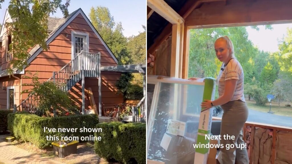 Exterior of the 96-year-old garage with its outdoor staircase, beside the homeowner holding a new window in the loft