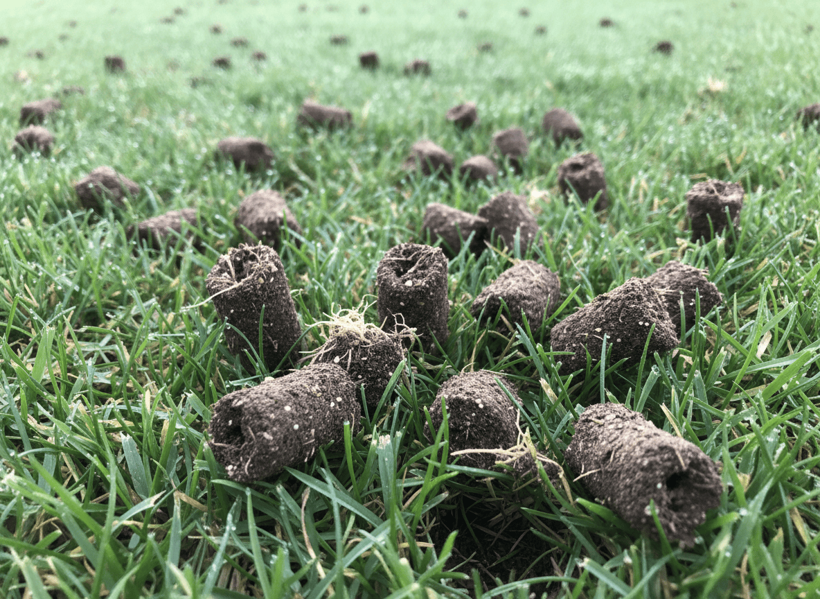 Close-up of soil core plugs on grass after aeration