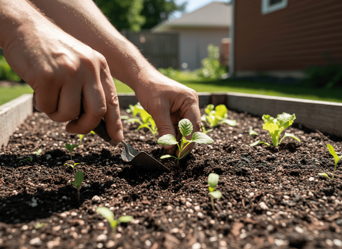 Hands tending a raised-bed backyard vegetable garden in sunlight