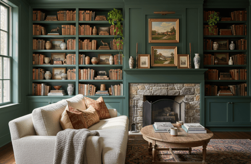 Living room with a floor-to-ceiling built-in bookshelf flanking a fireplace