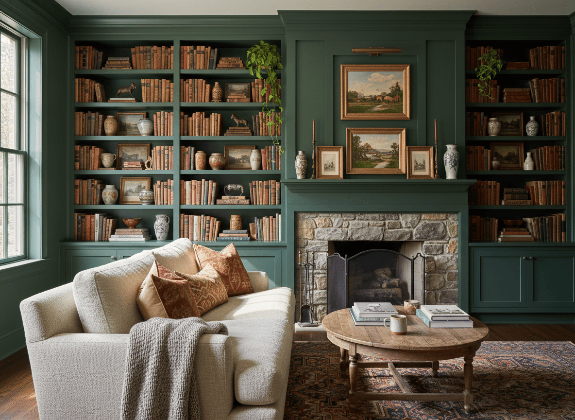 Living room with a floor-to-ceiling built-in bookshelf flanking a fireplace
