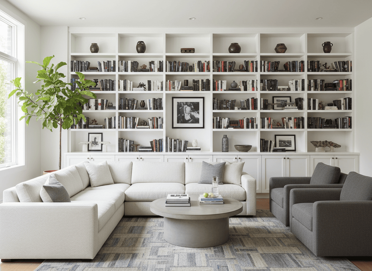 Living room featuring white built-in bookshelves instead of an accent wall