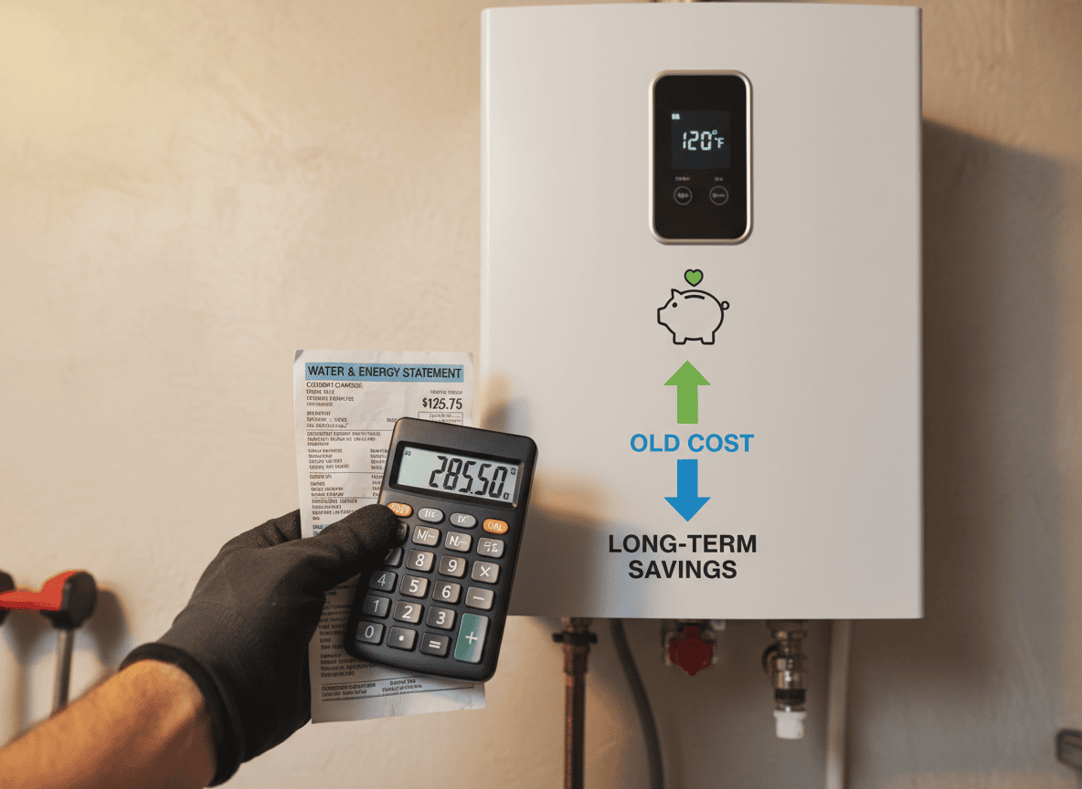 Plumber comparing utility bill costs near a tankless water heater
