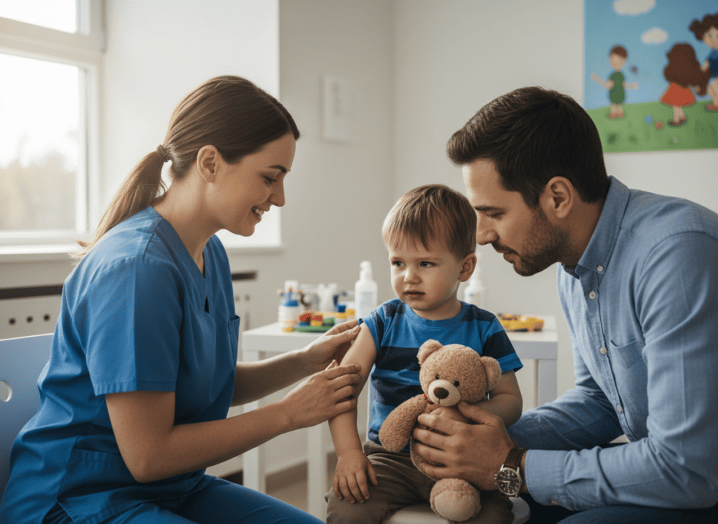Pediatrician giving a child a flu vaccine in an exam room