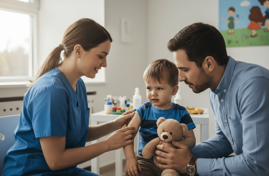 Pediatrician giving a child a flu vaccine in an exam room