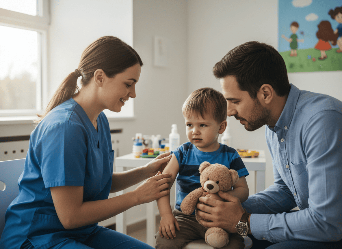 Pediatrician giving a child a flu vaccine in an exam room