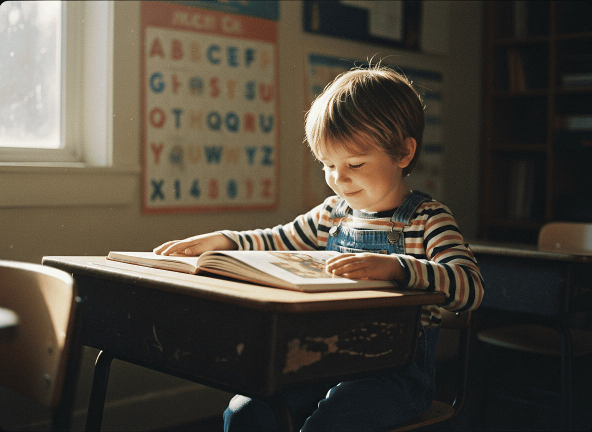 A young child reading a book at a school desk