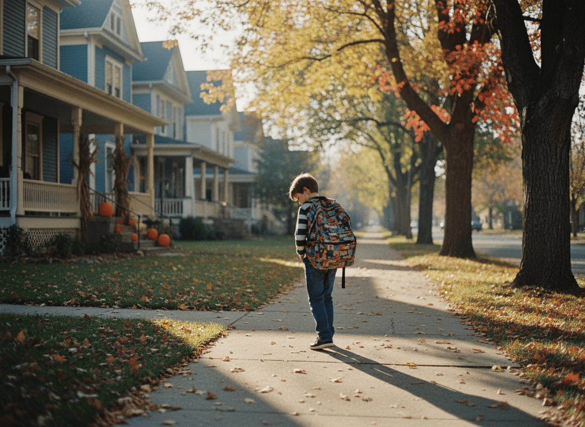 A child walking alone on a residential sidewalk with a backpack