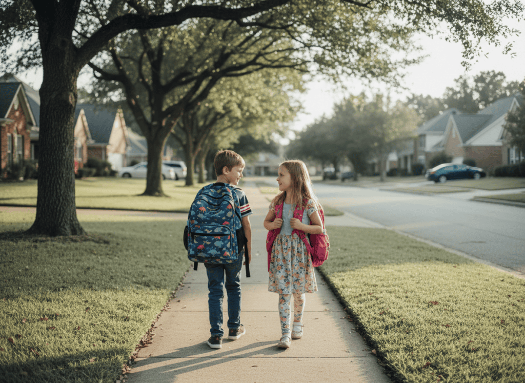 Two children with backpacks walking to school alone on a quiet sidewalk