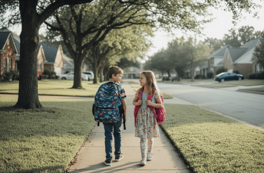 Two children with backpacks walking to school alone on a quiet sidewalk