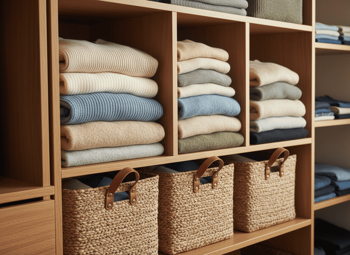 Close-up of organized closet shelving with folded clothing and storage baskets