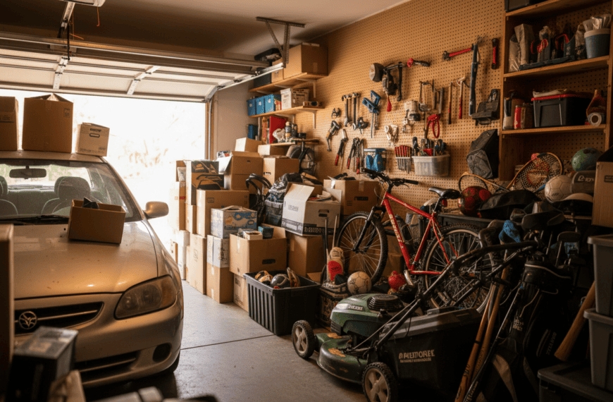 Cluttered suburban garage packed with boxes and tools leaving no room to park