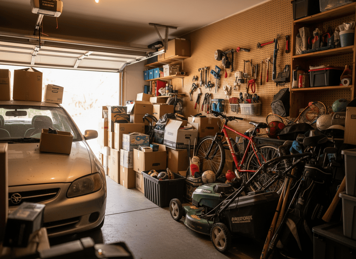 Cluttered suburban garage packed with boxes and tools leaving no room to park