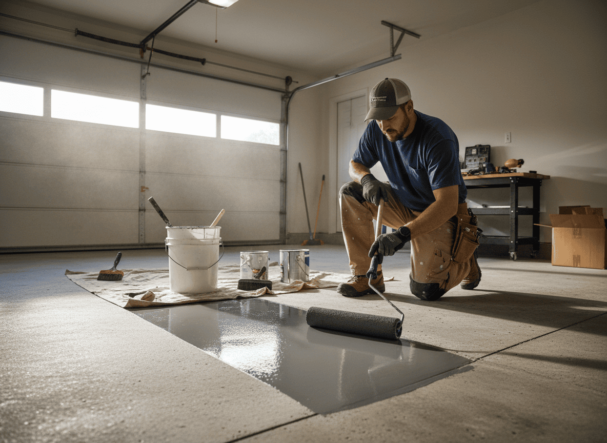 Contractor applying epoxy coating to a garage floor