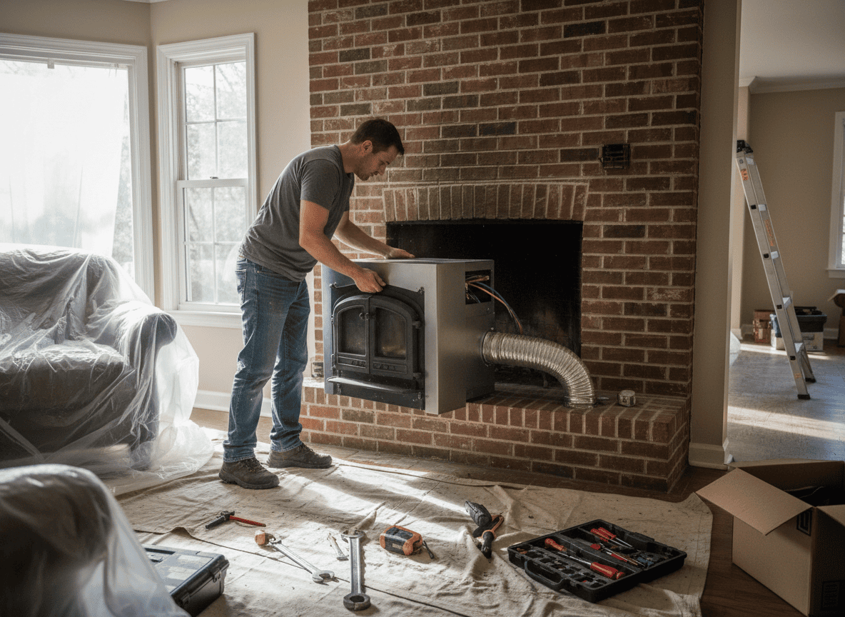Contractor installing a fireplace insert into an existing fireplace
