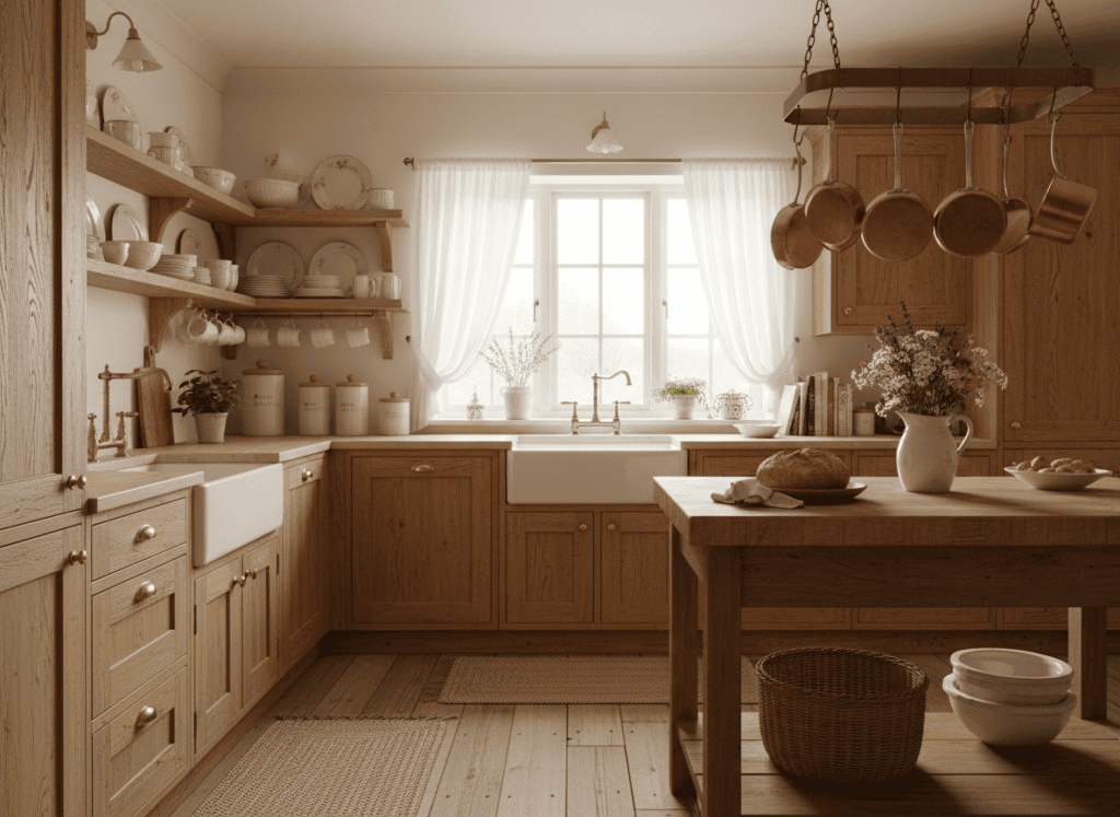 Cottagecore kitchen with open shelving and vintage brass hardware
