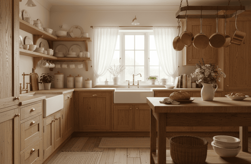 Cottagecore kitchen with open shelving and vintage brass hardware