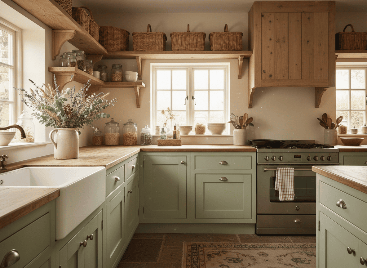 Wide view of a full cottagecore kitchen with wood cabinetry and dried flowers