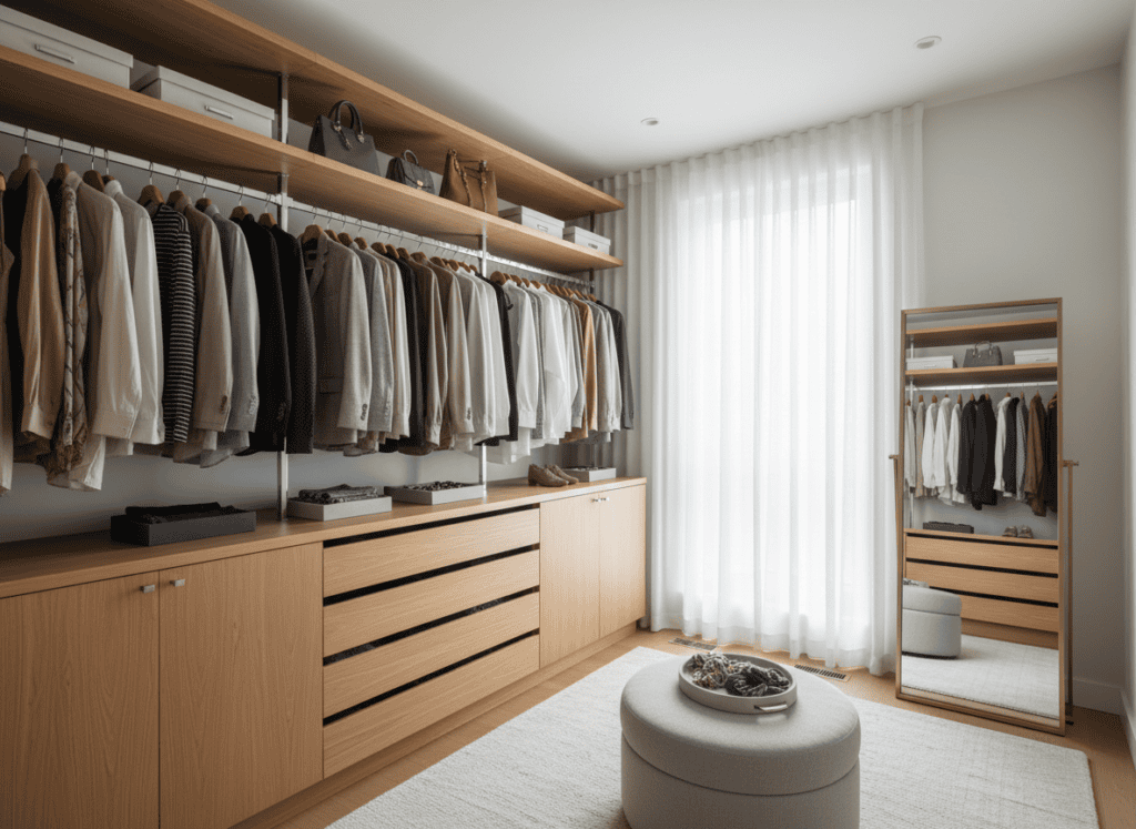 Custom walk-in closet system with wood shelving and organized storage