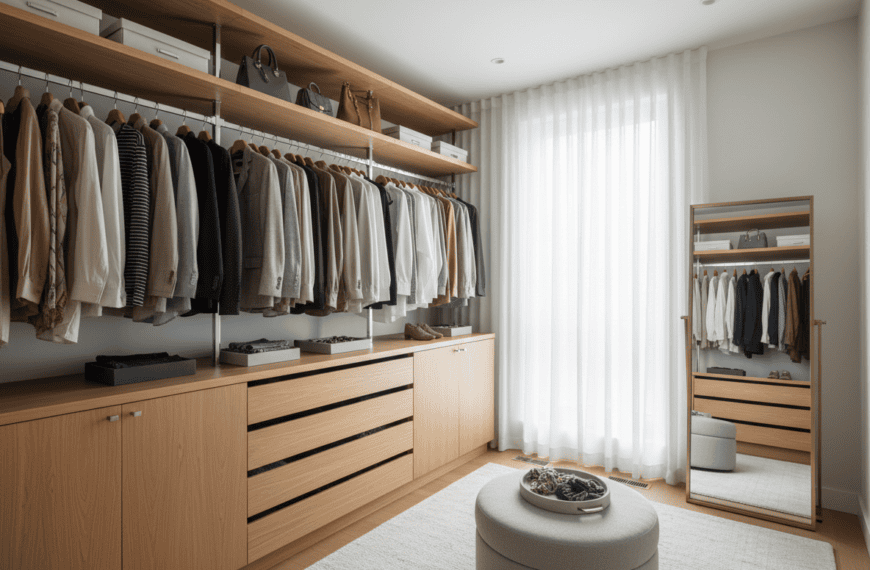 Custom walk-in closet system with wood shelving and organized storage