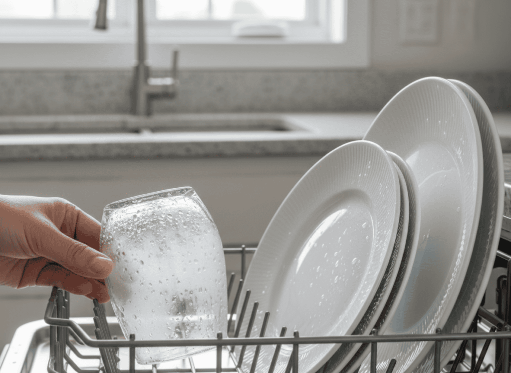 Drinking glass with cloudy white film residue after a dishwasher cycle