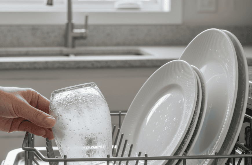 Drinking glass with cloudy white film residue after a dishwasher cycle