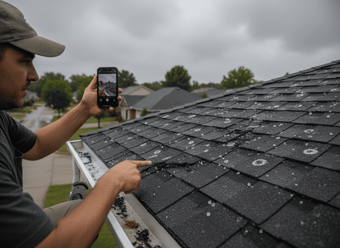 Homeowner photographing storm-damaged roof shingles with a smartphone