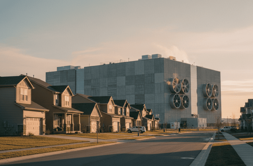 Editorial photorealistic wide shot of a suburban American residential street at golden hour, with a large modern data center building with server hum-cooling units visible in the background beyond a row of houses. No visible brand names or logos. Documentary real-estate photography style, natural light, slightly desaturated tones.