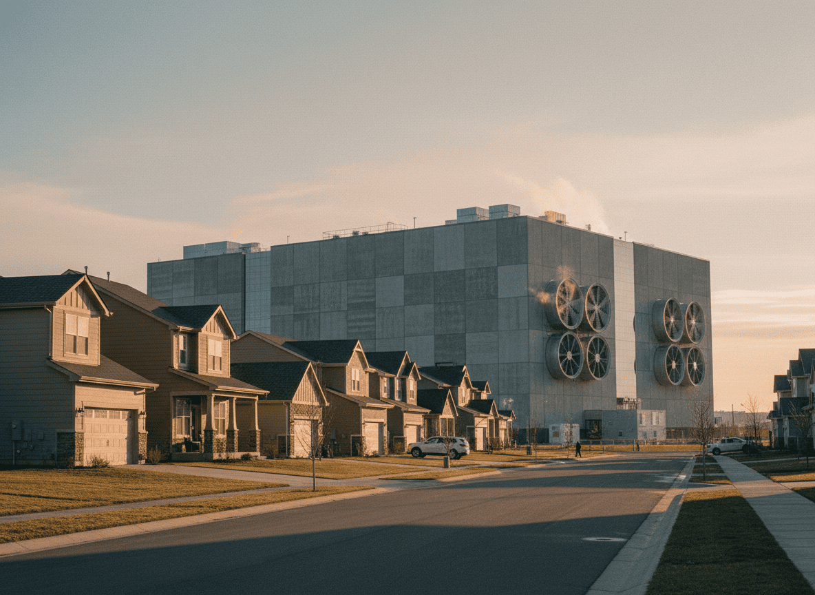 Editorial photorealistic wide shot of a suburban American residential street at golden hour, with a large modern data center building with server hum-cooling units visible in the background beyond a row of houses. No visible brand names or logos. Documentary real-estate photography style, natural light, slightly desaturated tones.