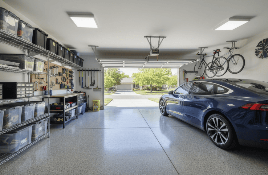 Garage with glossy epoxy-coated floor and organized storage
