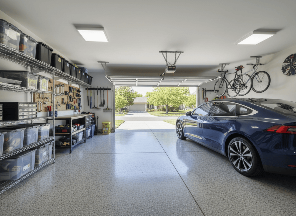 Garage with glossy epoxy-coated floor and organized storage