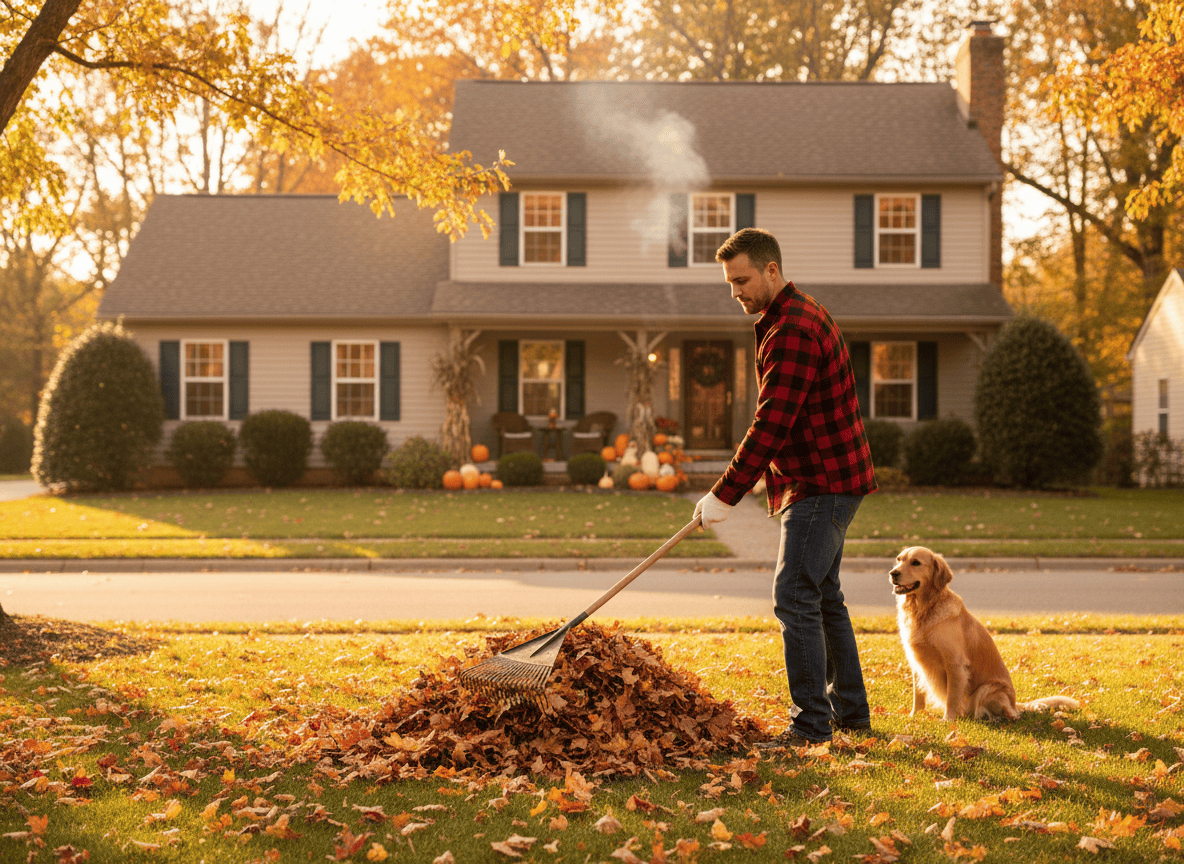 Homeowner raking autumn leaves in a sunny front yard