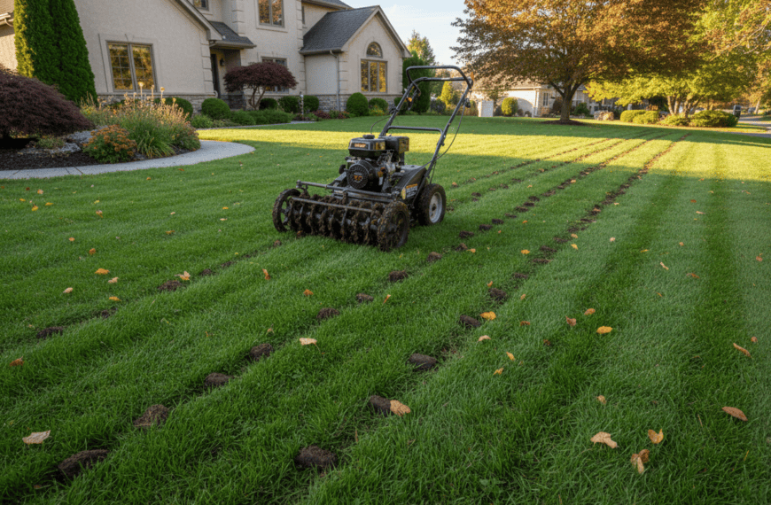 Lawn aerator machine pulling soil core plugs from a green lawn in early fall