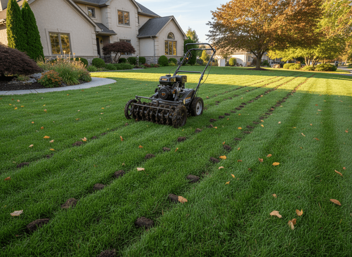 Lawn aerator machine pulling soil core plugs from a green lawn in early fall