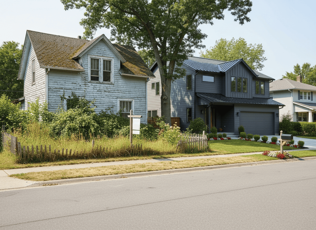 A fixer-upper house next to a move-in-ready renovated home on the same street