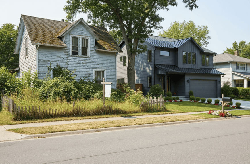 A fixer-upper house next to a move-in-ready renovated home on the same street