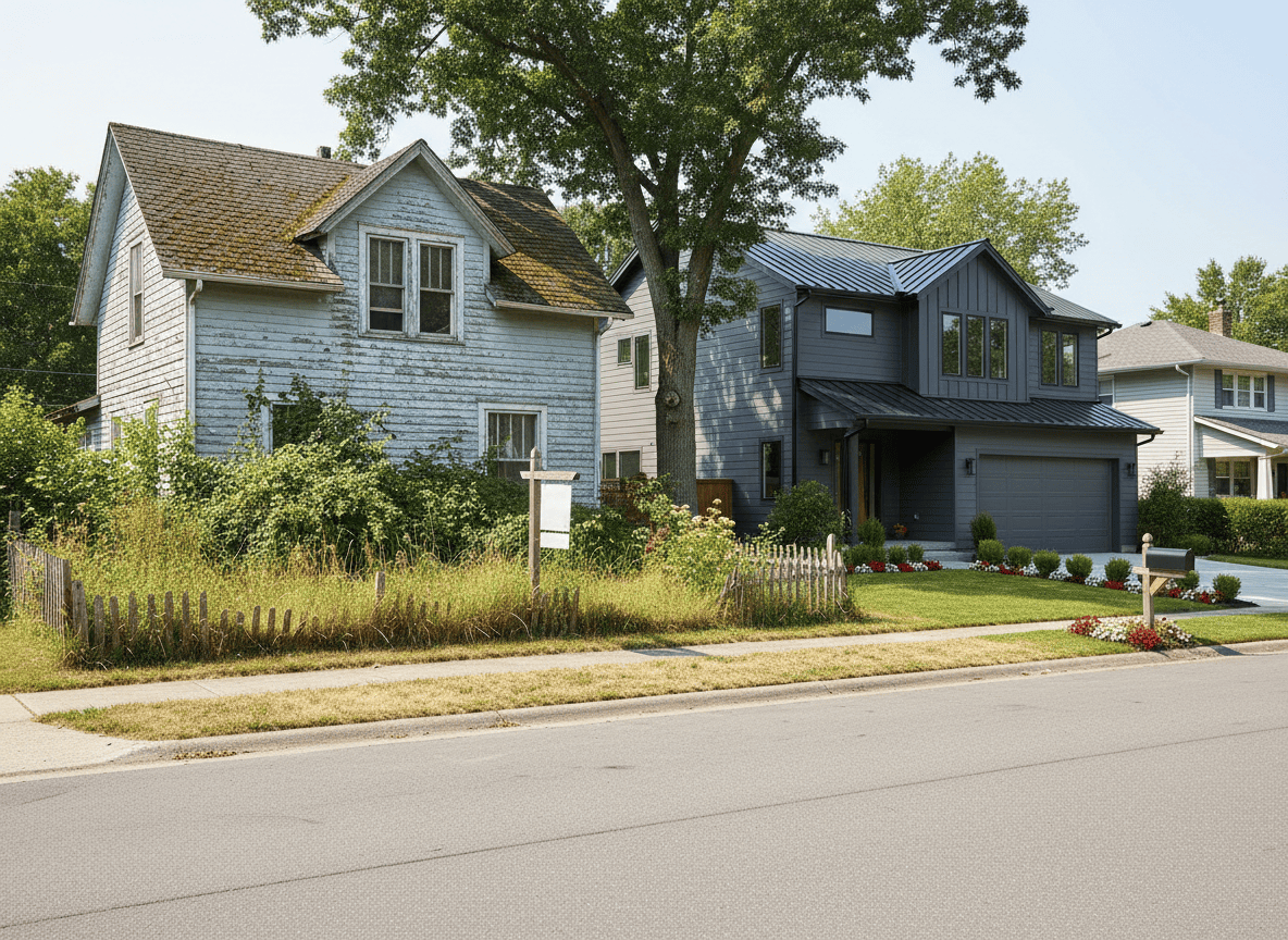 A fixer-upper house next to a move-in-ready renovated home on the same street