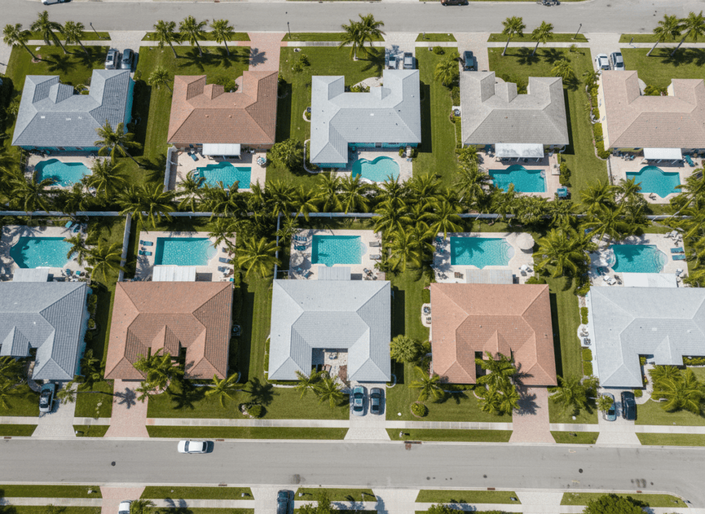 Florida suburban neighborhood with pools and palm trees