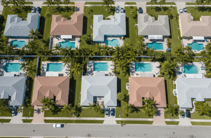 Florida suburban neighborhood with pools and palm trees