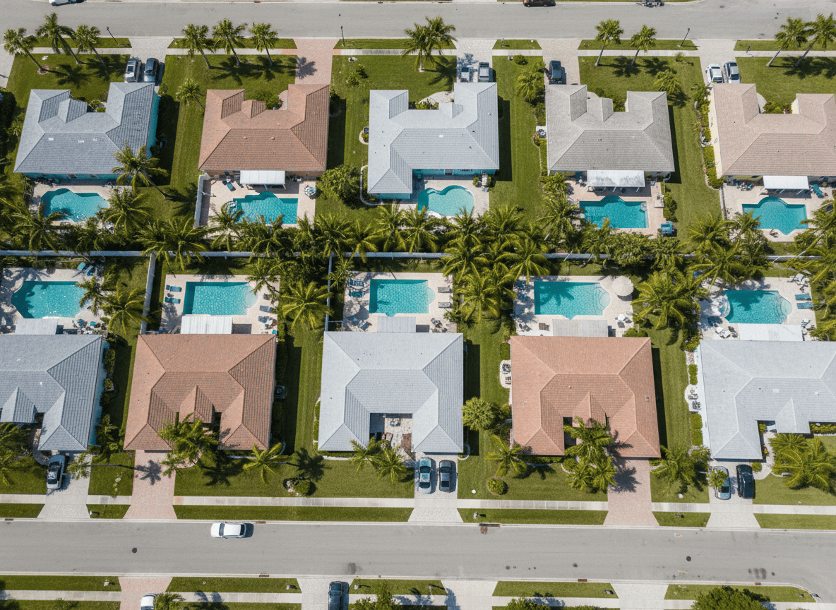 Florida suburban neighborhood with pools and palm trees