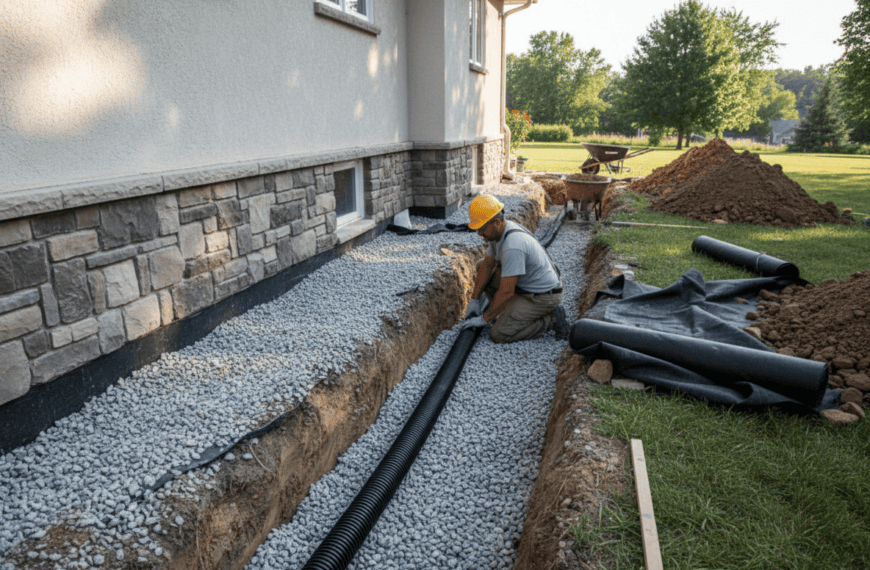 Contractor installing a French drain trench with gravel and pipe along a house foundation